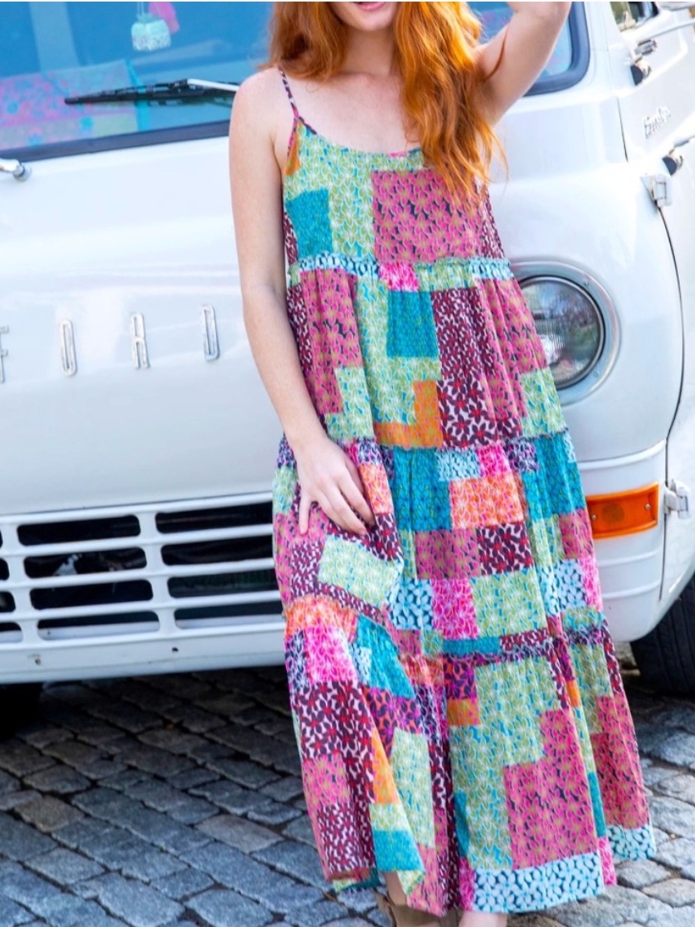 Natural Life Delia Patchwork Maxi Dress Spaghetti Strap Tiered Cotton XL